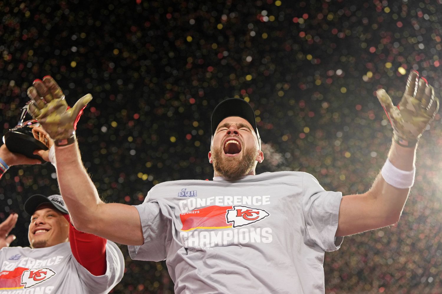 Chiefs tight end Travis Kelce celebrates the AFC Championship victory.
